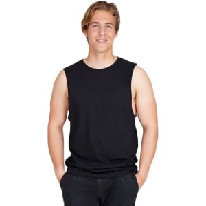 A black men's/unisex combed cotton tank top displayed on a model with a casual smile.