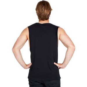 A black combed cotton tank top featuring a simple design and a logo on the back.