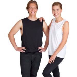 A black and a white unisex combed cotton tank top displayed on models, featuring a logo.