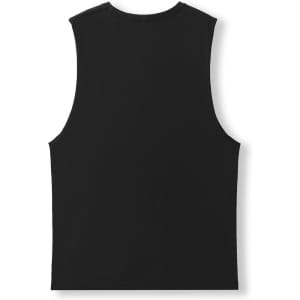 A black unisex combed cotton tank top with a sleeveless design and a plain back. Features a logo.
