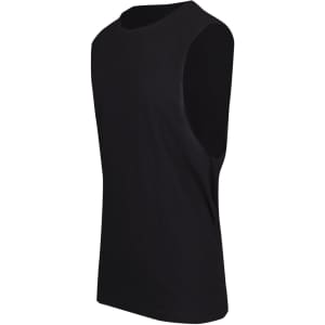 A black unisex combed cotton tank top with a simple design and no sleeves, featuring a logo.