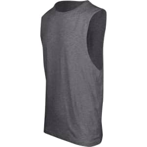 A grey unisex combed cotton tank top with a sleeveless design and a simple, relaxed fit. It has a logo on it.