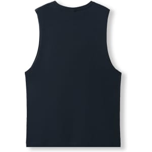 A unisex navy tank top made of combed cotton, featuring a simple design and no sleeves.
