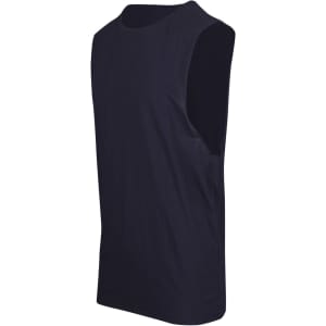 A black men's/unisex combed cotton tank top with a sleeveless design and a logo on the side.