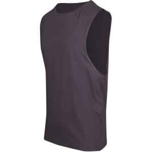 A men's unisex combed cotton tank in black, featuring a simple design and sleeveless style. It has a logo on it.