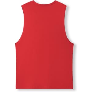 A red, sleeveless tank top made of combed cotton, with a simple design and a brand logo on the back.