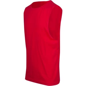 A red men's/unisex combed cotton tank top with a round neckline and sleeveless design. It includes a logo.