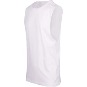 A white combed cotton tank top with no sleeves, featuring a simple design and a logo on the side.
