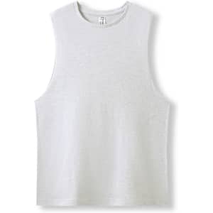 A white unisex combed cotton tank top with a sleeveless design and a branding label.
