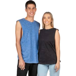 A blue and a black stone washed tank top displayed on models, featuring a relaxed fit and shoulder-baring design.