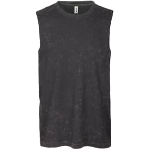 A black stone wash sleeveless tank top with a round neckline and a logo at the neck.