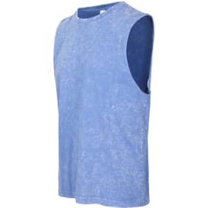 A blue stone wash tank top with a sleeveless design and a logo on the label.