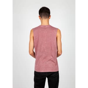 A men's stone wash tank top in a dusty rose colour, featuring a sleeveless design and a logo on the back.