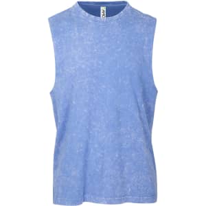 A light blue stone wash tank top with a crew neckline and no sleeves. It features a branding label inside.