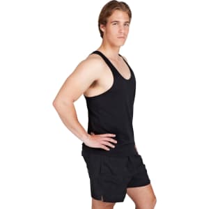 A black men’s T-back singlet displayed on a male model, paired with black shorts, featuring a logo.
