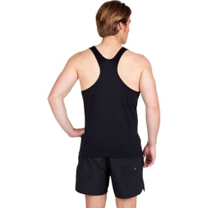 A black men’s T-back singlet displayed from the back, featuring a logo. The model is wearing black shorts.