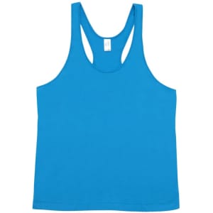 A bright blue men's T-back singlet with a racerback design and a plain front. It features a label inside.