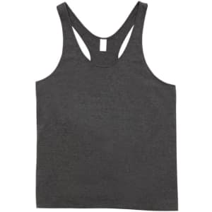A grey men's T-back singlet with a racerback design and a logo present.