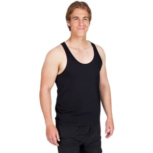 A man stands wearing a black T-back singlet. The singlet features a simple design and has a logo.