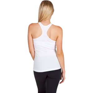 A white women's T-back singlet with a fitted design, featuring a racerback style.