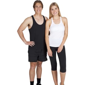 A black men's singlet and a white women's T-back singlet, both paired with black shorts and leggings. Each feature a logo.