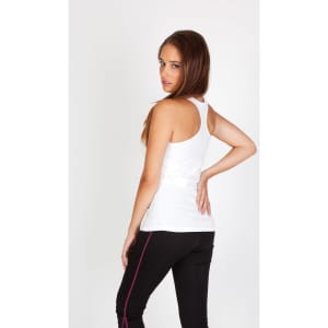 A white kids' T-back singlet is displayed on a model, paired with black pants and featuring a simple design.