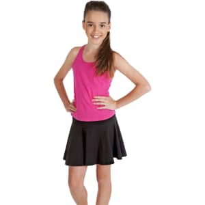 A pink kids' singlet paired with a black skirt, featuring a logo on the garment.