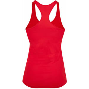 A red kids' T-back singlet featuring a racerback design and a plain back. Includes a logo.