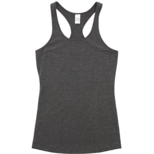 A dark grey kids' T-back singlet with a sporty design and a logo on the label.