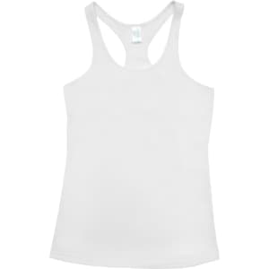 A white kids Tback singlet with a racerback design and a logo at the label area.