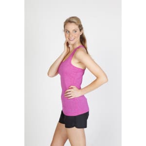 A pink athletic T-back singlet paired with black shorts, modelled by a smiling woman in a studio setting.