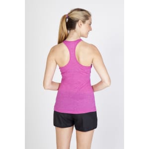 A purple women's athletic T-back singlet displayed from the back, worn with black shorts. The top features a logo.