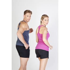 Athletic T-back singlets in navy and pink, paired with black shorts, feature a logo on the design.