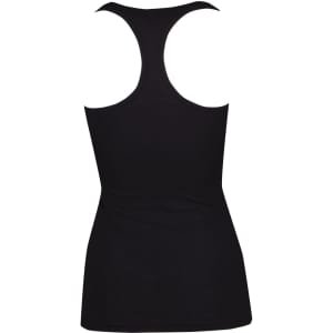 A black women’s athletic T-back singlet featuring a fitted design and a plain back. Includes a logo.