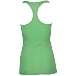 A green women's athletic T-back singlet featuring a fitted design and a logo.
