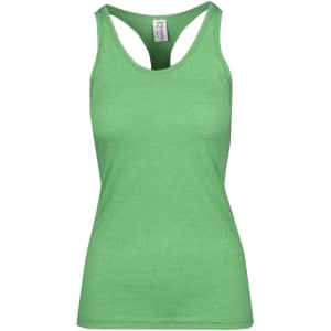 A green athletic T-back singlet featuring a logo, designed for women's activewear.