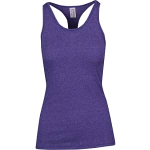 A purple women's athletic T-back singlet with a fitted design and a logo on the label.