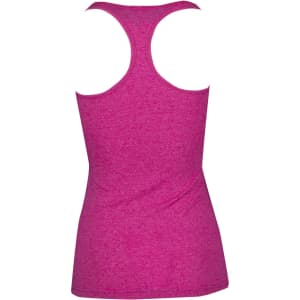 A pink athletic T-back singlet with a fitted design, featuring a smooth back and a branding logo.