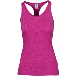 A pink athletic T-back singlet featuring a fitted design and a branded label.