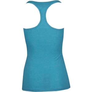 A teal athletic singlet with a T-back design, featuring a smooth fabric and a simple logo.