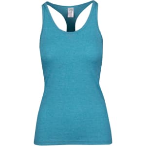 A teal women's athletic T-back singlet with a fitted design and a logo on the tag.