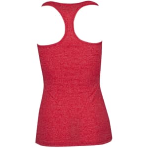 A red athletic T-back singlet featuring a standard back design and a logo.