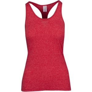 A red athletic T-back singlet made from a textured fabric, featuring a scoop neckline and a fitted design.
