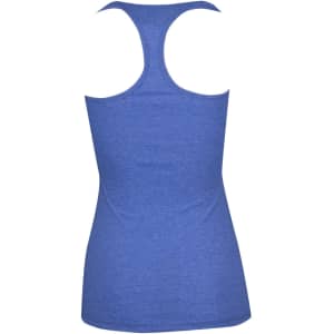 A blue women's athletic T-back singlet with a fitted design and a logo on the back.