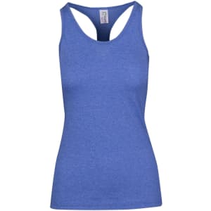 A blue women's athletic T-back singlet featuring a fitted design and a logo on the label.