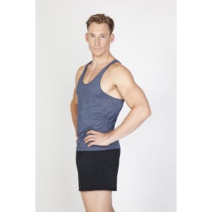 A blue athletic T-back singlet is modeled by a man, paired with black shorts. The singlet features a logo.