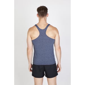 A men’s athletic T-back singlet in navy blue, featuring a fitted design and a logo on the back.