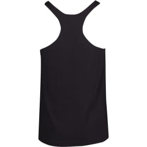 A black athletic T-back singlet featuring a racerback design and a logo on the back.