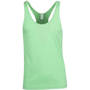 A green athletic T-back singlet featuring a simple design and a regular fit. It has a logo on the label.