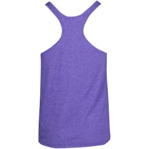 A purple athletic T-back singlet with a plain back and a logo at the neckline.
